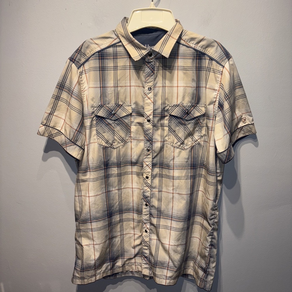 Kuhl Shirt Beige/Blue Plaid Pockets Short Sleeve Pearl Button-Up Casual SzM